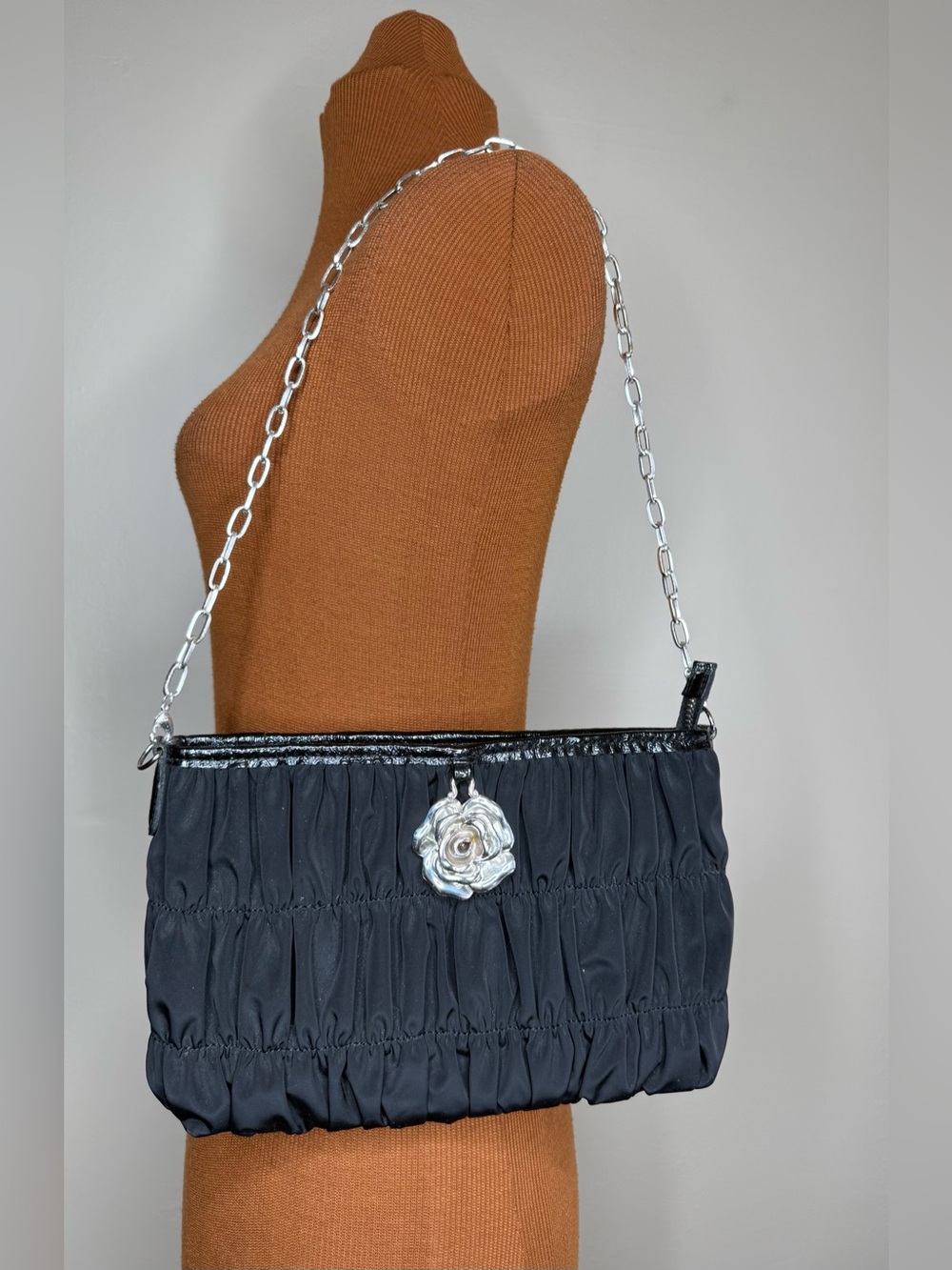 Brighton Black Ruched Satin Chain Strap Zip Evening Purse Silver Rose Charm